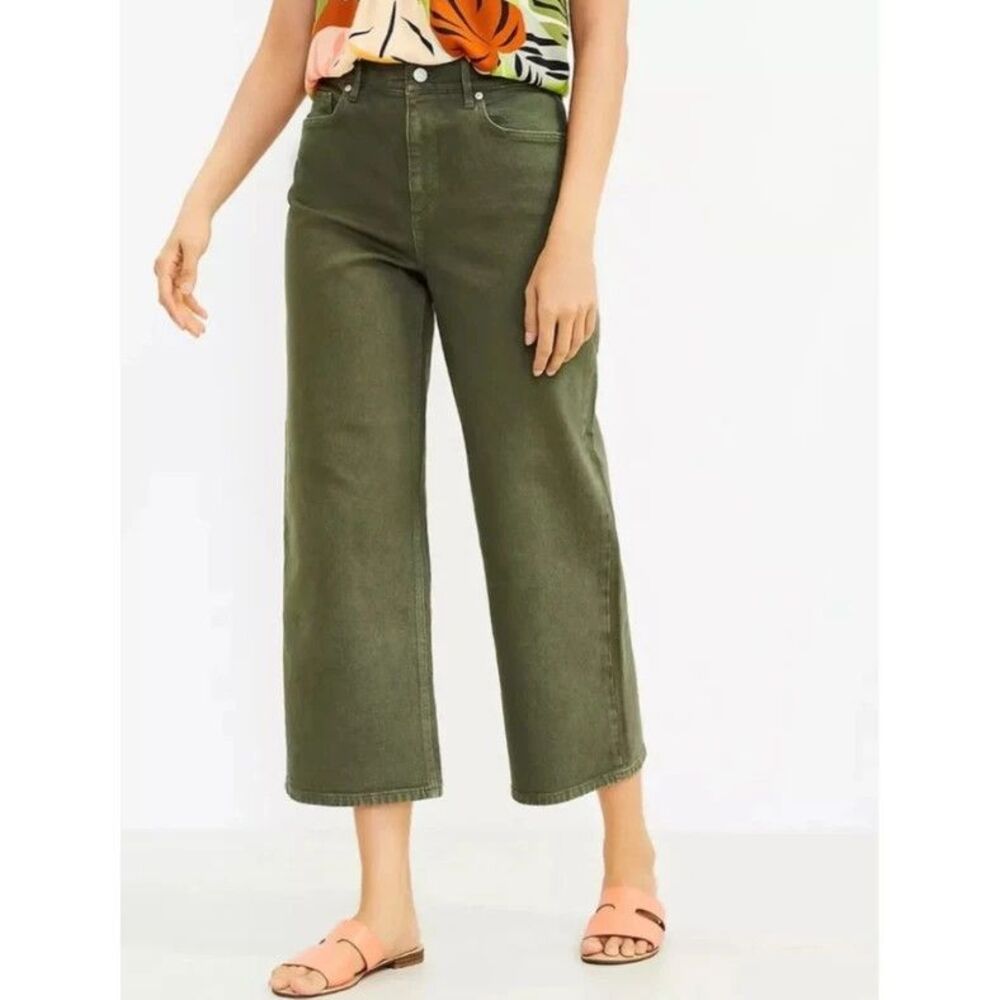 Ann Taylor LOFT The Wide Leg Crop Jeans Womens 12 31" Olive High Rise Denim NEW